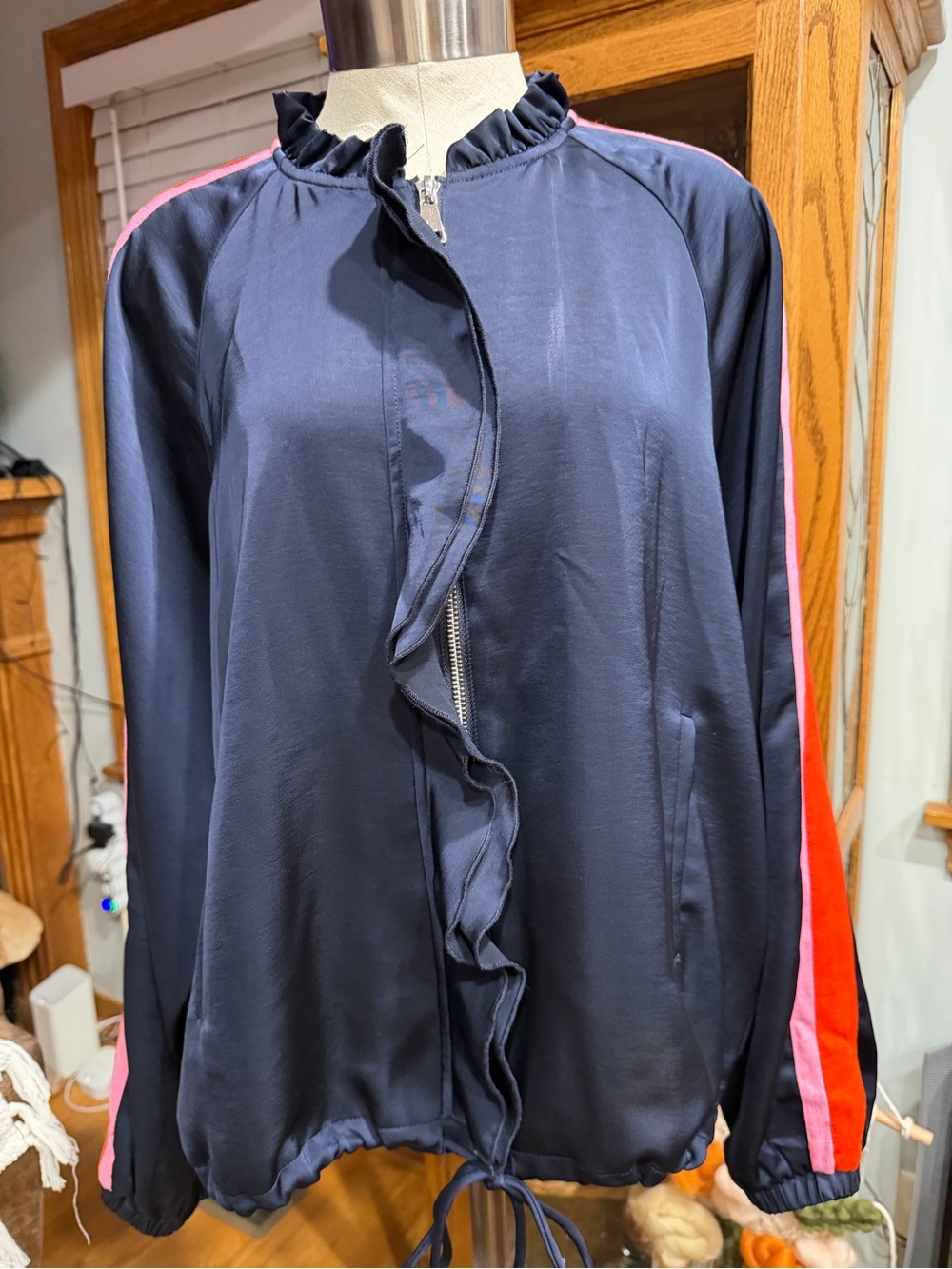 THML Navy Bomber Jacket with Pink & Red Sleeve Stripes